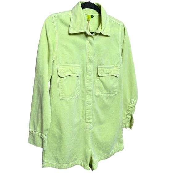 Farm Rio Neon Lime Green Denim Romper Size S 100% Cotton Metal Front Buttons - Picture 1 of 10